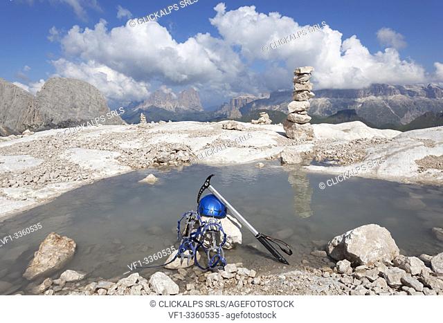 Glacial lake at the foot of Marmolada Glacier, Marmolada group, Dolomites, Canazei, Trento province, Trentino-Alto Adige, Italy