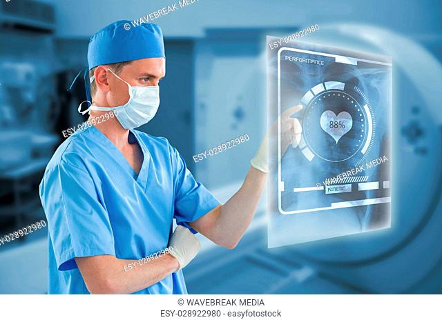 Composite image of male nurse with surgical mask touching invisible screen 3d
