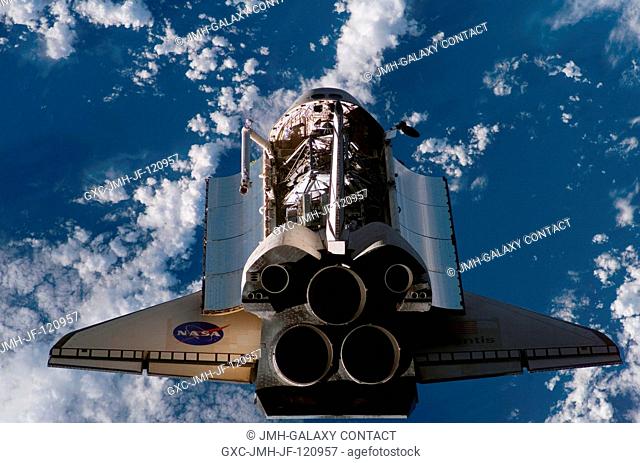 A view photographed from the International Space Station shows the Space Shuttle Atlantis from the aft looking forward as the two spacecraft were nearing their...