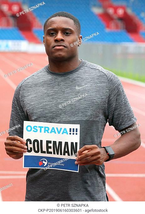 American sprinter Christian Coleman is seen during a press briefing prior to the 58th Golden Spike, an IAAF World Challenge athletic meeting in Ostrava