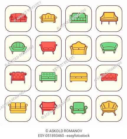 Sofa comfortable couches modern and vintage furniture icons set isolated vector illustration