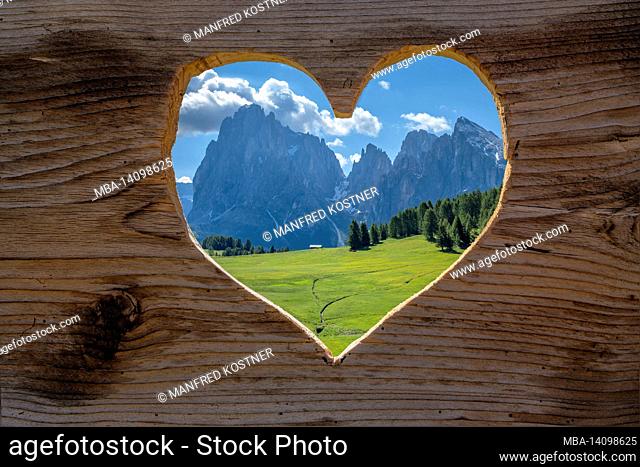 seiser alm, castelrotto, south tyrol, bolzano province, italy. view from the alpe di siusi to langkofel and plattkofel