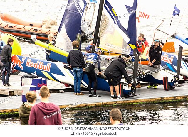 Kiel, Germany - May 29th 2016: Preparings for the start of the semi-final of the Red Bull Foiling Generation