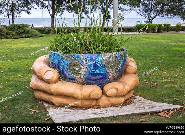 Sculpted large pot in Sea Garden public park in Burgas on the Bulgarian Black Sea Coast in the region of Northern Thrace