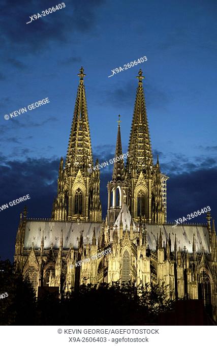 Facade of Cologne Cathedral, Germany Illuminated at Night