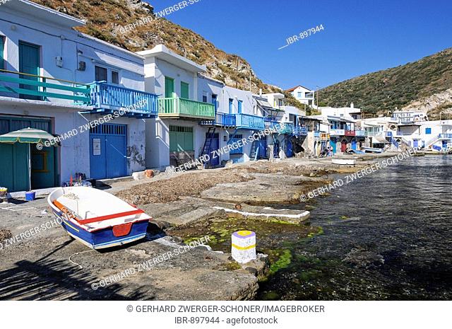 Colourful houses beside the ocean of the fishing village of Klima on Milos Island, Cyclades Island Group, Greece, Europe