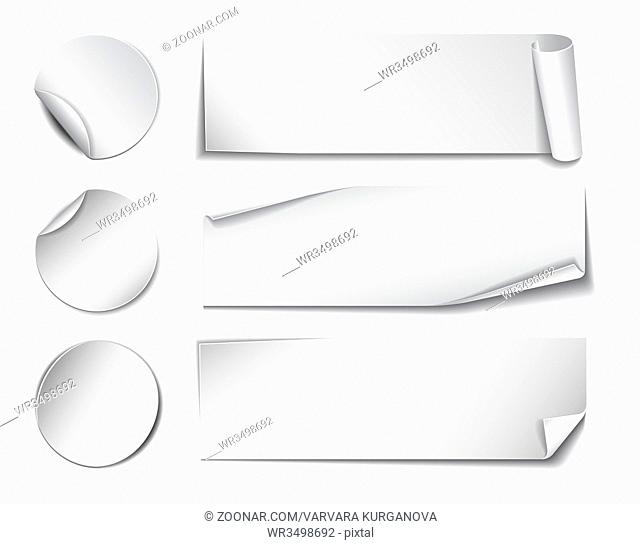 Set of white rectangular and round promotional paper stickers on white background. Vector illustration