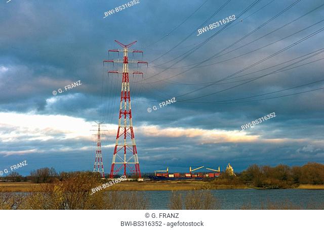 highest power poles of Europe on Elbe island Luehesand, Germany, Lower Saxony, Stade
