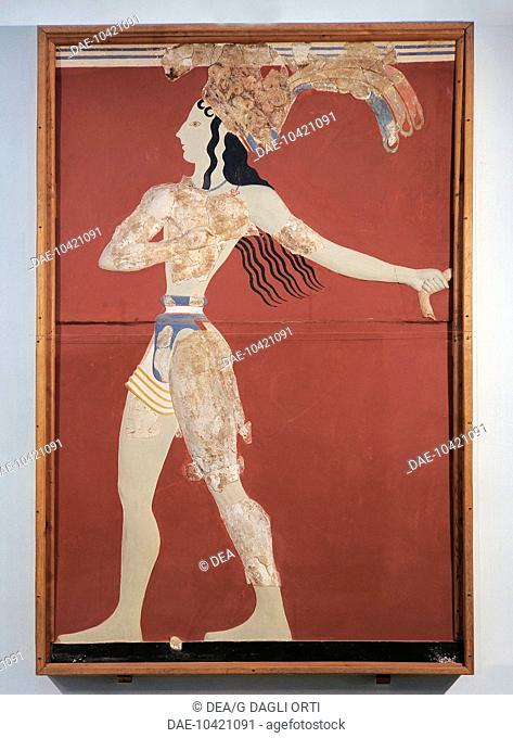 Minoan civilization, 18th-15th century b.C. Fresco portraying the Prince of Lilies. From the Palace of Knossos.  Candia-Iraklion