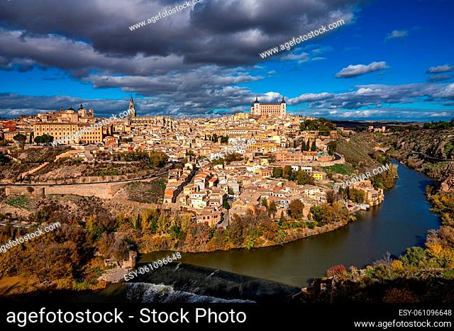 Toledo, Spain. Old city with its Alcazar, Royal Palace over the Tagus River sinuosity. Spain, Europe