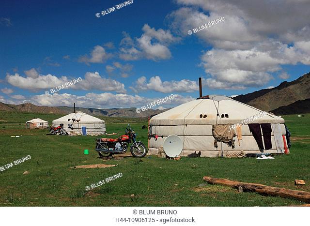 Mongolian Yurt, Ger, Mongolia, steppe, nomad, solar energy, satellite transmission, modern times, motorcycle, clouds, nomad-camp