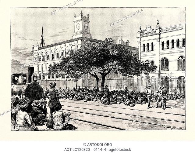 THE CHIN-LUSHAI EXPEDITION, THE MEEAN MIR COOLIE CORPS AT CALCUTTA WAITING TO BE SHIPPED, INDIA, engraving 1890