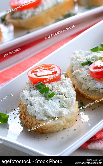 Bruschetta sandwiches with cottage cheese and tomato