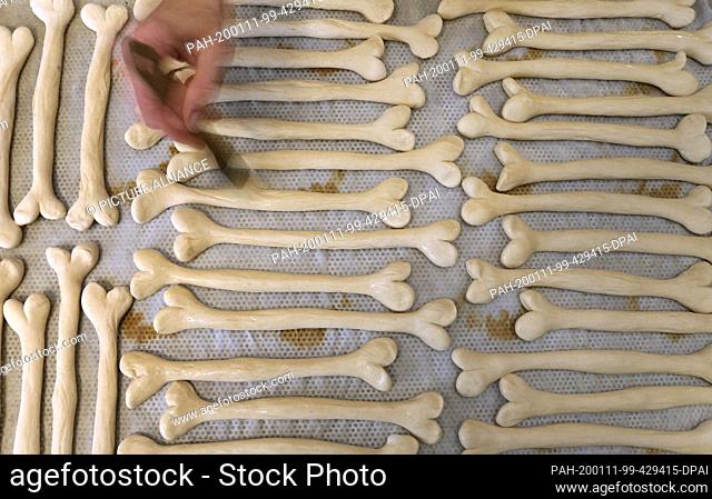 08 January 2020, Bavaria, Irsee: Gudrun Koneberg, master baker, spreads lye pastries in the bakery of her bakery in the form of bones with lye