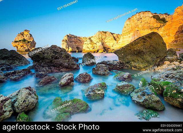 Slow motion blur Algarve coast and cliffs, Portugal