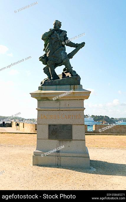 Saint-Malo, Ille-et-Vilaine / France - 19 August 2019: statue of discoverer and mariner Jacques Cartier in Saint-Malo in Brittany