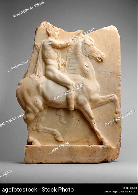 Marble relief of a horseman. Period: Late Hellenistic; Date: 1st century B.C; Culture: Greek; Medium: Marble, Parian ?; Dimensions: H. 18 in. (45