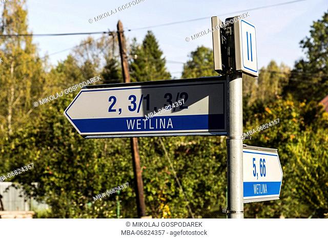 Europe, Poland, Podkarpackie Voivodeship, Bieszczady, Wetlina - Bieszczady National Park, signpost, signs