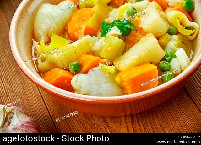 Vegan Irish Stew for St. Patrick's Day, Irish cuisine, Traditional assorted dishes, Top view