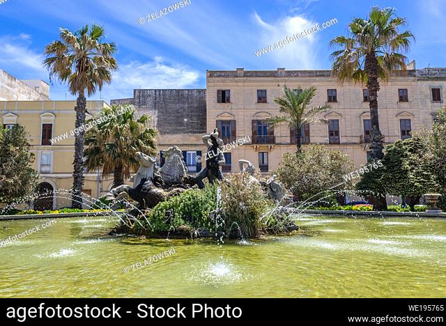 Triton Fountain on Victor Emmanuel Square in Trapani city on the west coast of Sicily in Italy