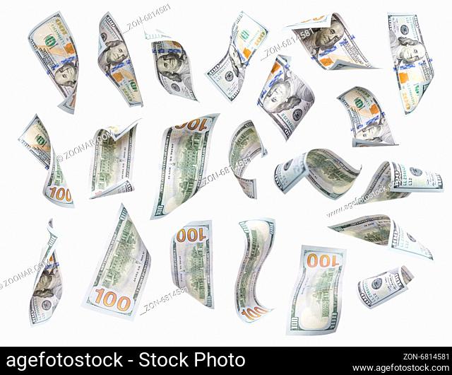 Set of Randomly Falling or Floating $100 Bills Each Isolated on White with No Overlap - Build Your Own