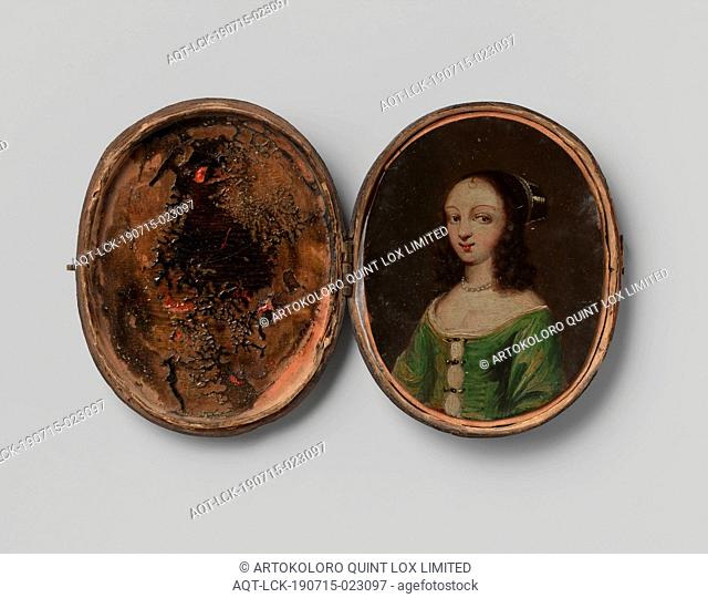 Oval box in which a woman's portrait and 13 transparencies painted with different costumes, Oval box of black leather painted with tempera