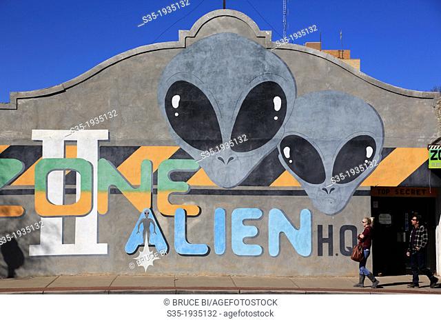 Alien image on the wall of local bar. Roswell. New Mexico. USA