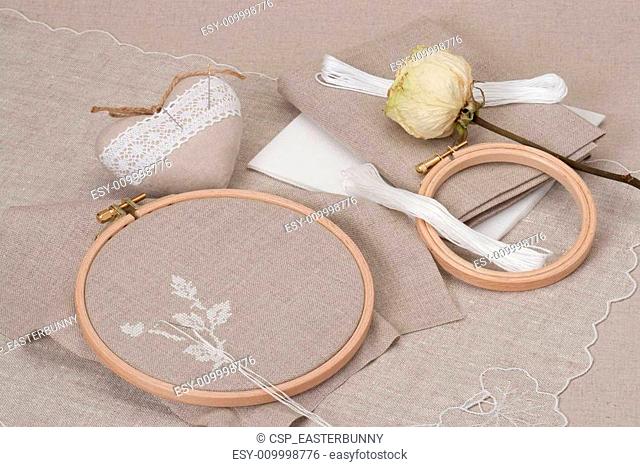 Sewing And Embroidery Craft Kit. Dried Rose. Natural Linen Backg
