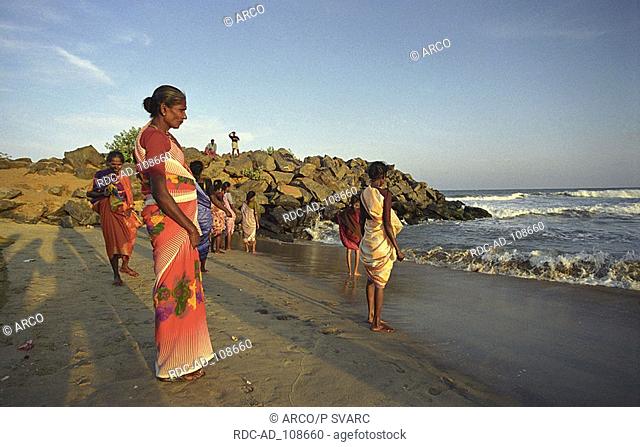 Indian women on beach Mahabalipuram Tamil Nadu India Mamallapuram