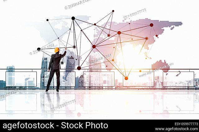 Young engineer in suit at balcony against morning cityscape background. 3d rendering