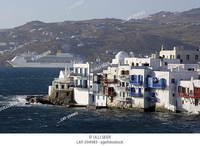 Houses on the waterfront, Little Venice, Mykonos Town, Greece, Europe