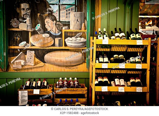 Sales of traditional products -wine- in the market and selected market Viktualienmarkt, Munich, Germany