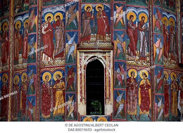 Figures of Saints, 1537, fresco outside Moldovita monastery (UNESCO World Heritage List, 1993), Vatra Moldovitei, Bukovina, Moldova, Romania, 16th century