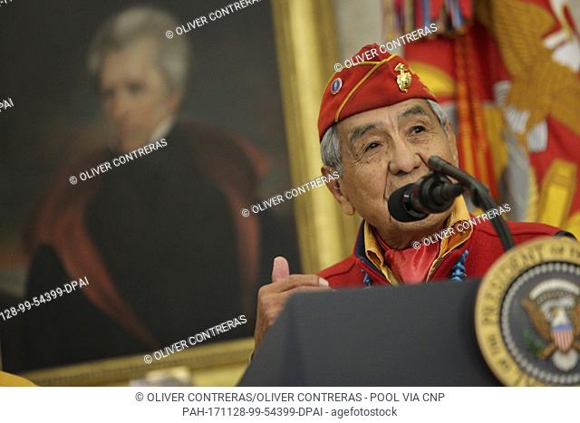 Navajo code talker, Peter MacDonald speaks during an event hosted by United States President Donald J. Trump, honoring the Native American code talkers in the...