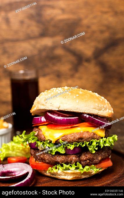 close up burger wooden tray