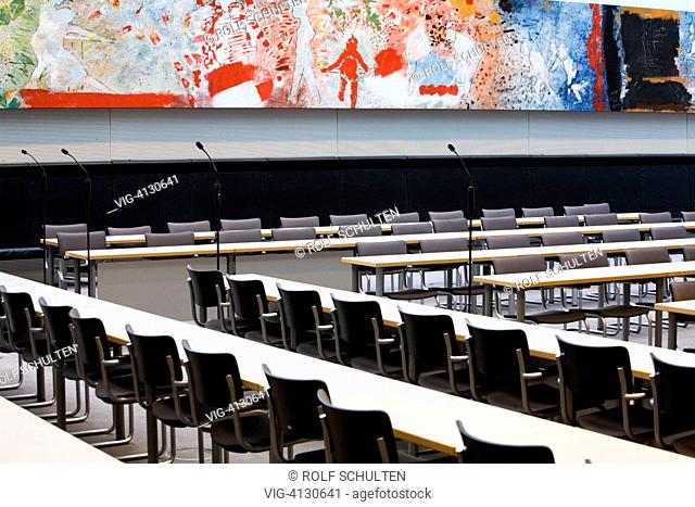 GERMANY, BERLIN, : Assembly hall of the SPD parliamentary group in the German Bundestag with painting -The red-white Carriage- by Hella Santarossa (1988)