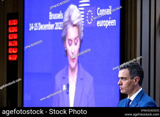 European Commission President Ursula Von der Leyen and Prime Minister of Spain Pedro Sanchez pictured during a press moment by the President of the European...
