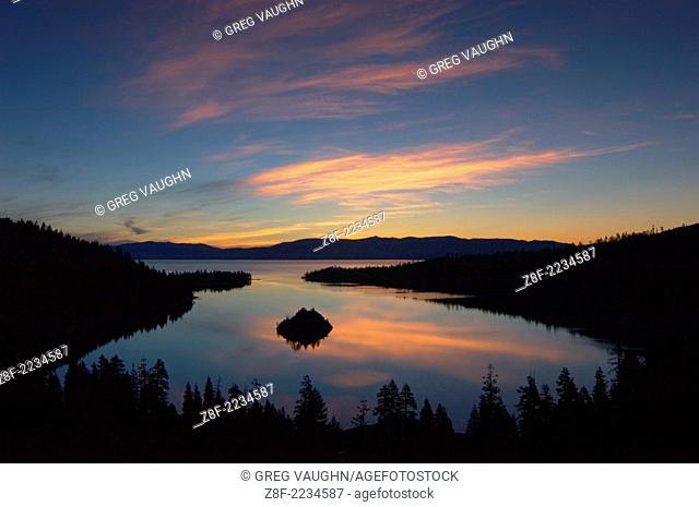 Lake Tahoe & Emerald Bay at sunrise; Emerald Bay State Park, Sierra Nevada Mountains, California
