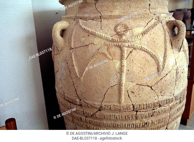Pithos decorated with Labrys, double axe, Crete, Greece. Detail.  Sitia, Archaeological Museum