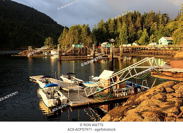 Sunrise illuminates the government dock on the southeast side of Minstrel Island bordering Chatham Channel located on Knight Inlet just east of Turnour Island
