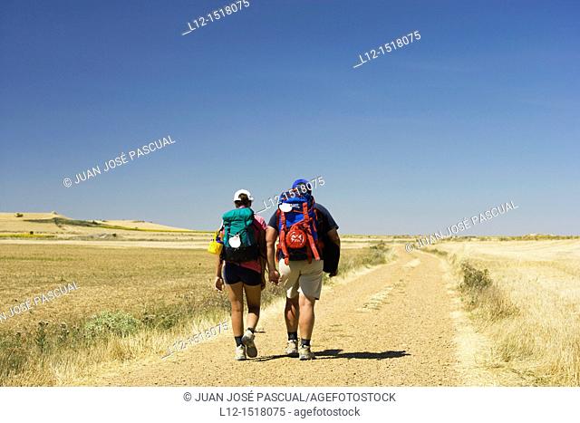 Saint Jacques Way pilgrims walking near Hornillos del camino, Burgos province, Castille-Leon, Spain