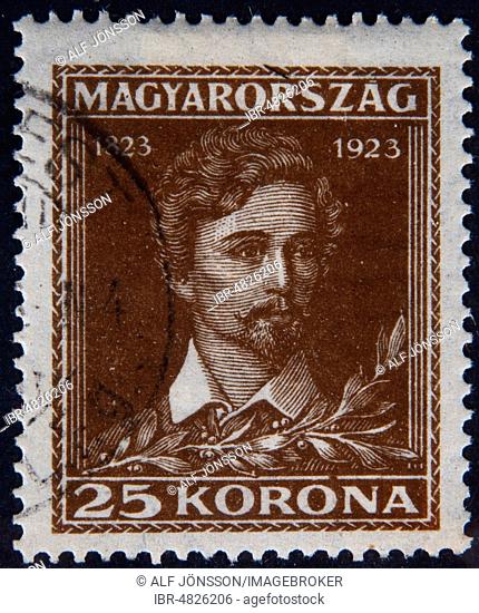 Sándor Pet?fi or Alexander Petrovics, a Hungarian poet and national hero, portrait on a Hungarian stamp, Hungaria