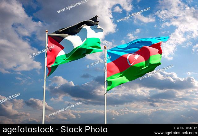 Beautiful national state flags of Palestine and Azerbaijan together at the sky background. 3D artwork concept