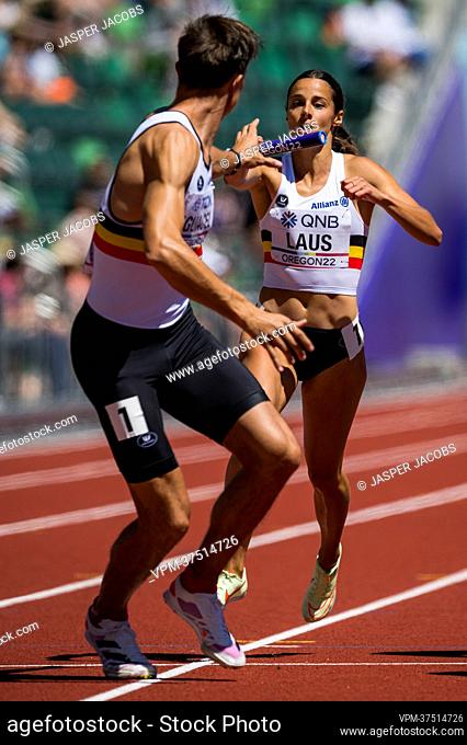 Christian Iguacel and Belgian Camille Laus pictured in action during the heats of the 4x400m mixed relay event at the 19th IAAF World Athletics Championships in...