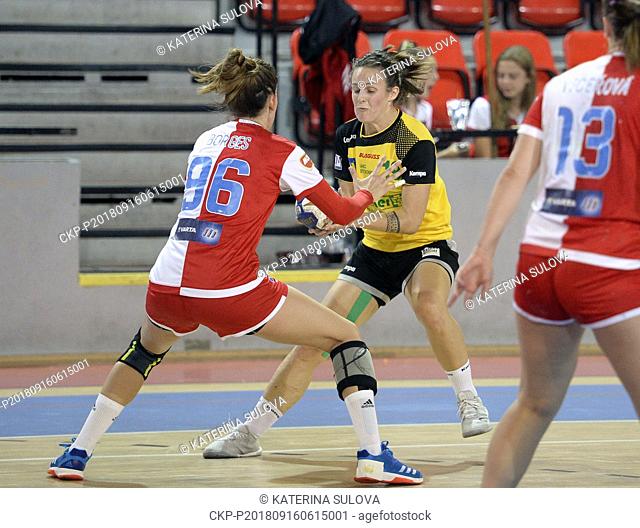 Handball players L-R Juliana Borges Lima (Slavia) and Lisa Felsberger (Stockerau) in action during the EHF European Cup 2018/19, women, Qualification Round 1