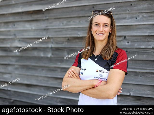 16 June 2021, Saxony, Leipzig: The German slalom canoeist Ricarda Funk stands for the presentation of the Olympic team in the canoe park
