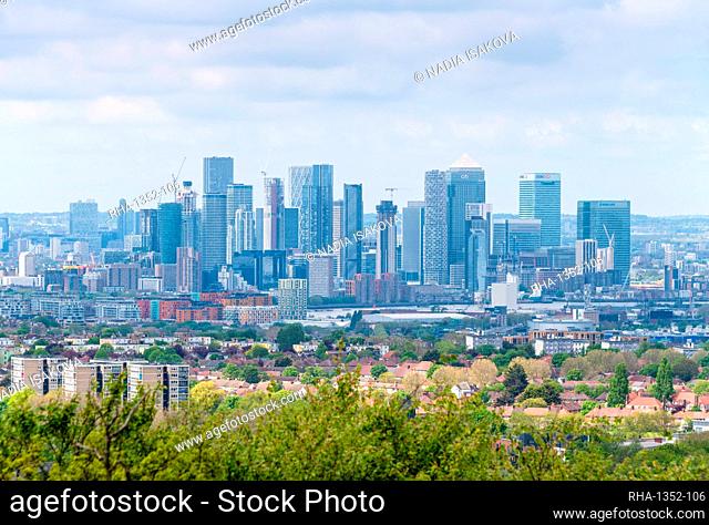 London skyline as seen from the viewing platform of Severndroog Castle, 18th century Gothic tower in Greenwich, London, England, United Kingdom, Europe