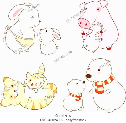 Set of cute cartoon animals in kawaii style. Mothers with babies, Stock  Vector, Vector And Low Budget Royalty Free Image. Pic. ESY-048024002 |  agefotostock