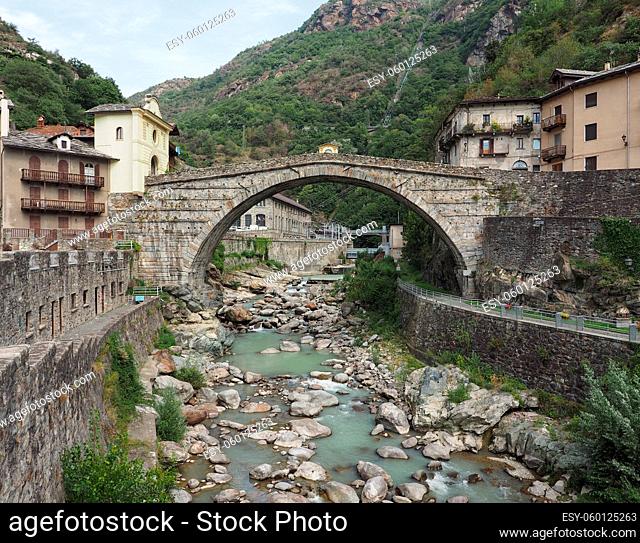 Ancient roman bridge over torrent Lys in Pont Saint Martin, Italy