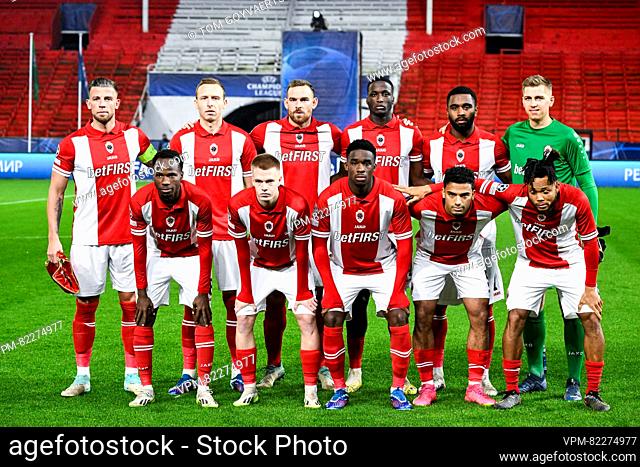 Antwerp FC players pose for the photographers before a game between Belgian soccer team Royal Antwerp FC and Spanish club FC Barcelona, in Antwerp